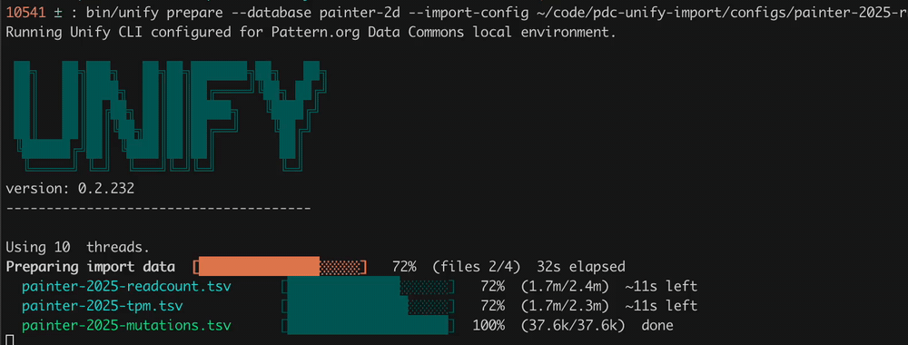 The Unify CLI preparing a multi-file import, with a progress bar per file